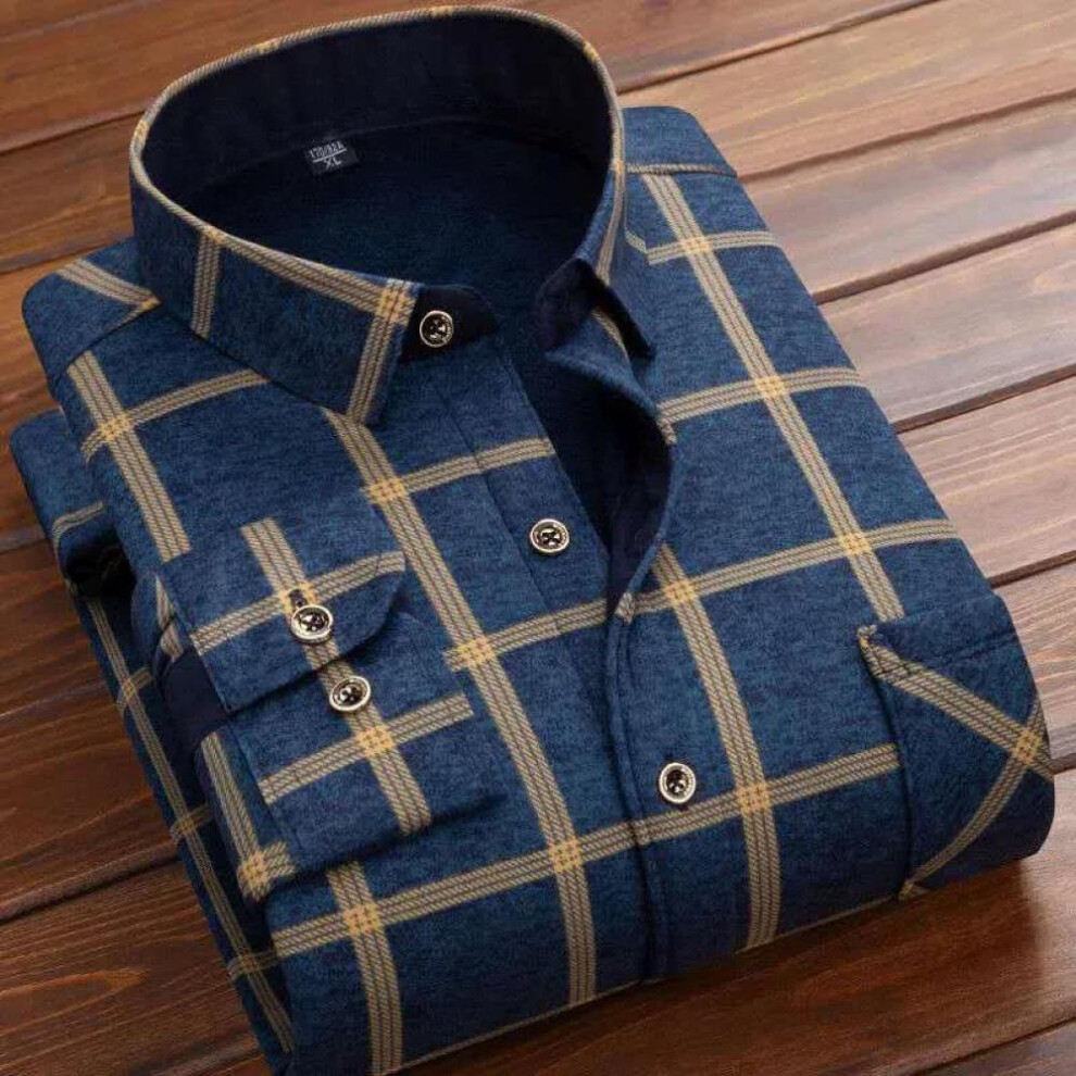 (khaki, XL) Men&apos;s Winter Warm Long Sleeve Plaid Shirts Flannel Fur Lined Thick Formal Shirts Fleece Casual Shirt For Men Dress Shirts