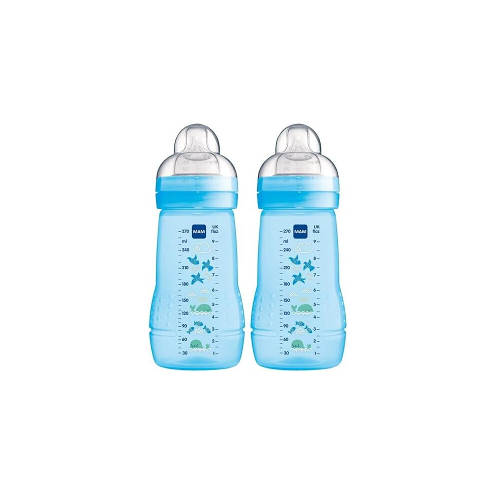 MAM Easy Active Baby Bottle with Medium Flow MAM Teats Size 2, Twin Pack of Baby Bottles, Baby Feeding, 270 ml, Blue (Designs May Vary)