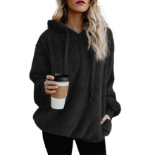 (Black, 2XL) Women Teddy Bear Hoodies Coat Warm Fluffy Hooded Sweatshirt Loose Autumn Winter Tops