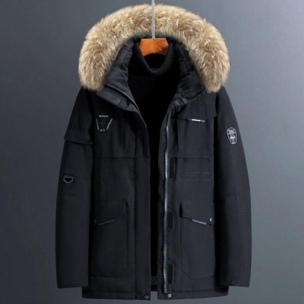 (black, XL) Men&apos;s Thermal Thick Fur Collar Male Winter Long Parkas Down Jacket Coat Mid-length 90% White Duck Down Outwear Overcoat For Men
