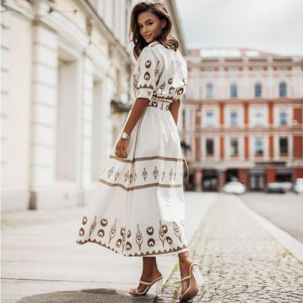 (apricot, XXL) Hi-fashion Retro Shirt Dress Women Casual Half Sleeve Loose Maxi Dress Elegant Button Belt High Waist Long Beach Party Dress