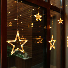 STOYOTU LED Fairy Light Curtain Star Curtain Light Window Decoration for Bedroom Christmas Party (Warm White/Battery Operated)