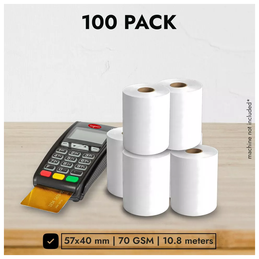 (100 Till Rolls) 57x40mm Thermal Till Rolls for Credit Card Machines Cash Registers PDQ Machines