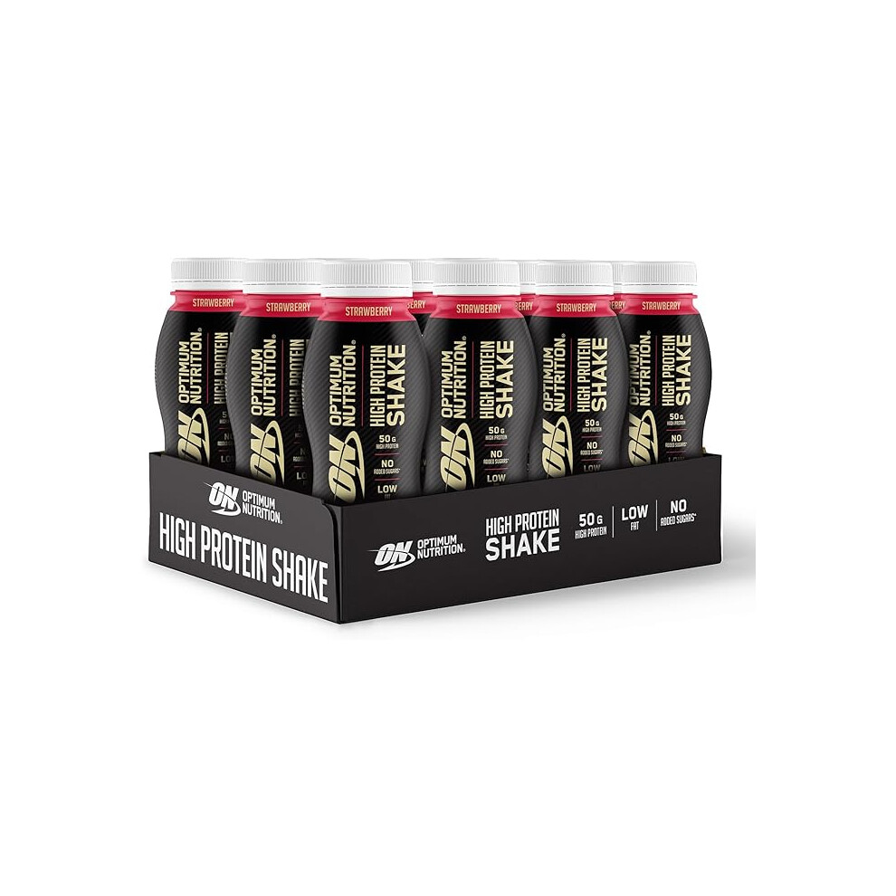 Optimum Nutrition High Protein Shake Bottles Ready to Drink Healthy Snacks No Added sugars Low Fat Post Workout Snack Strawberry Flavour 12x500ml