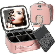 (Pink) Makeup Travel Bag With Led Light Up Mirror Portable Makeup Case Organizer Makeup Brush Accessories And Tool Case