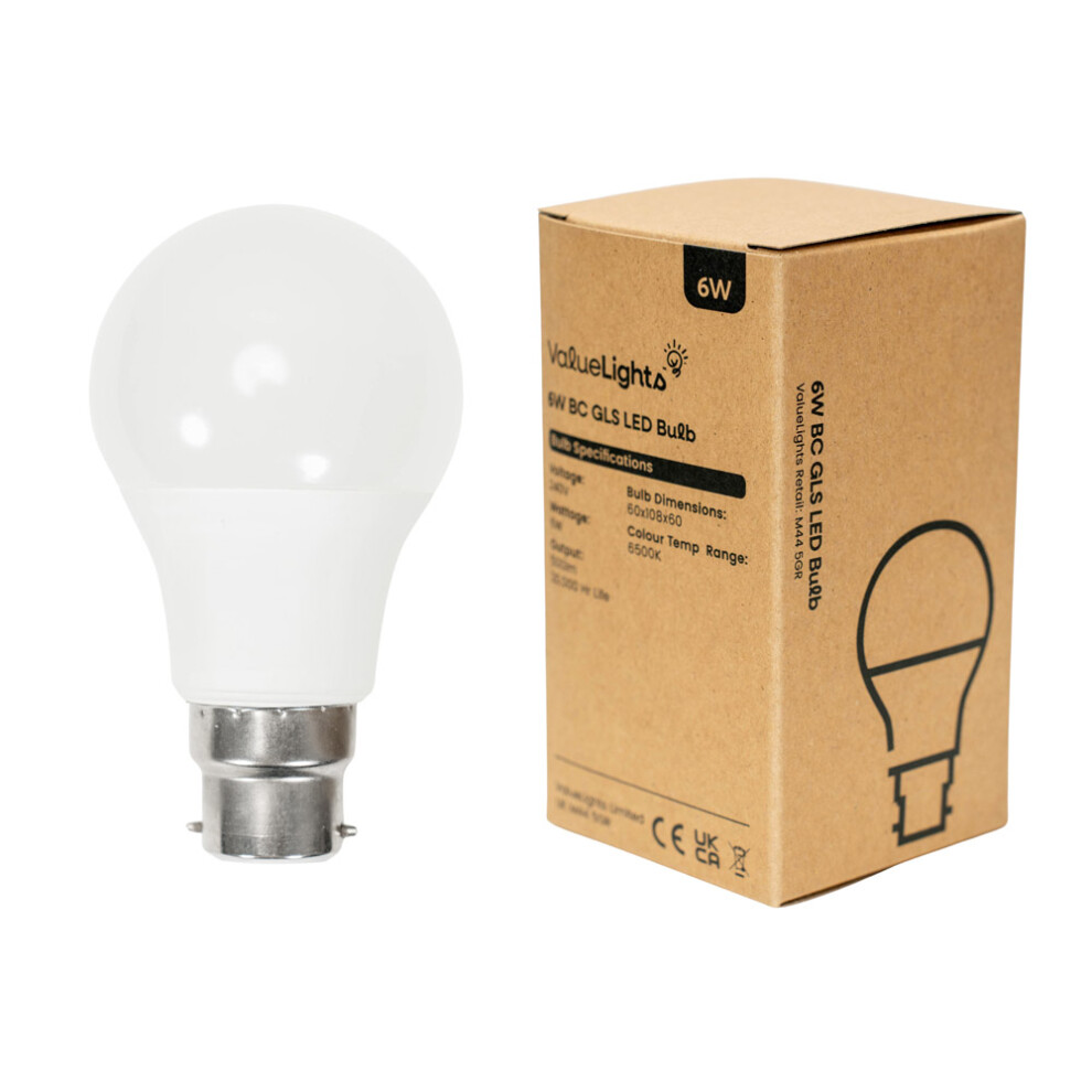 Pack of 10 High Power 6w LED BC B22 SMD GLS Energy Saving Long Life Bulbs [6500K Cool White]