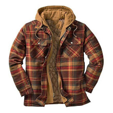 (M, Brown) Quilted Thick Plaid Long-sleeved Loose Jacket Men's Hoodie Quilted Lined Flannel