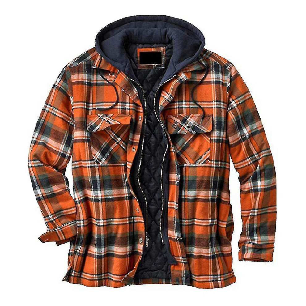 (XL, Orange) Quilted Thick Plaid Long-sleeved Loose Jacket Men's Hoodie Quilted Lined Flannel