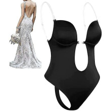 (XL, Black) Women Plunging Deep V-neck Body Shaper Strapless Backless Bodysuit Shapewear