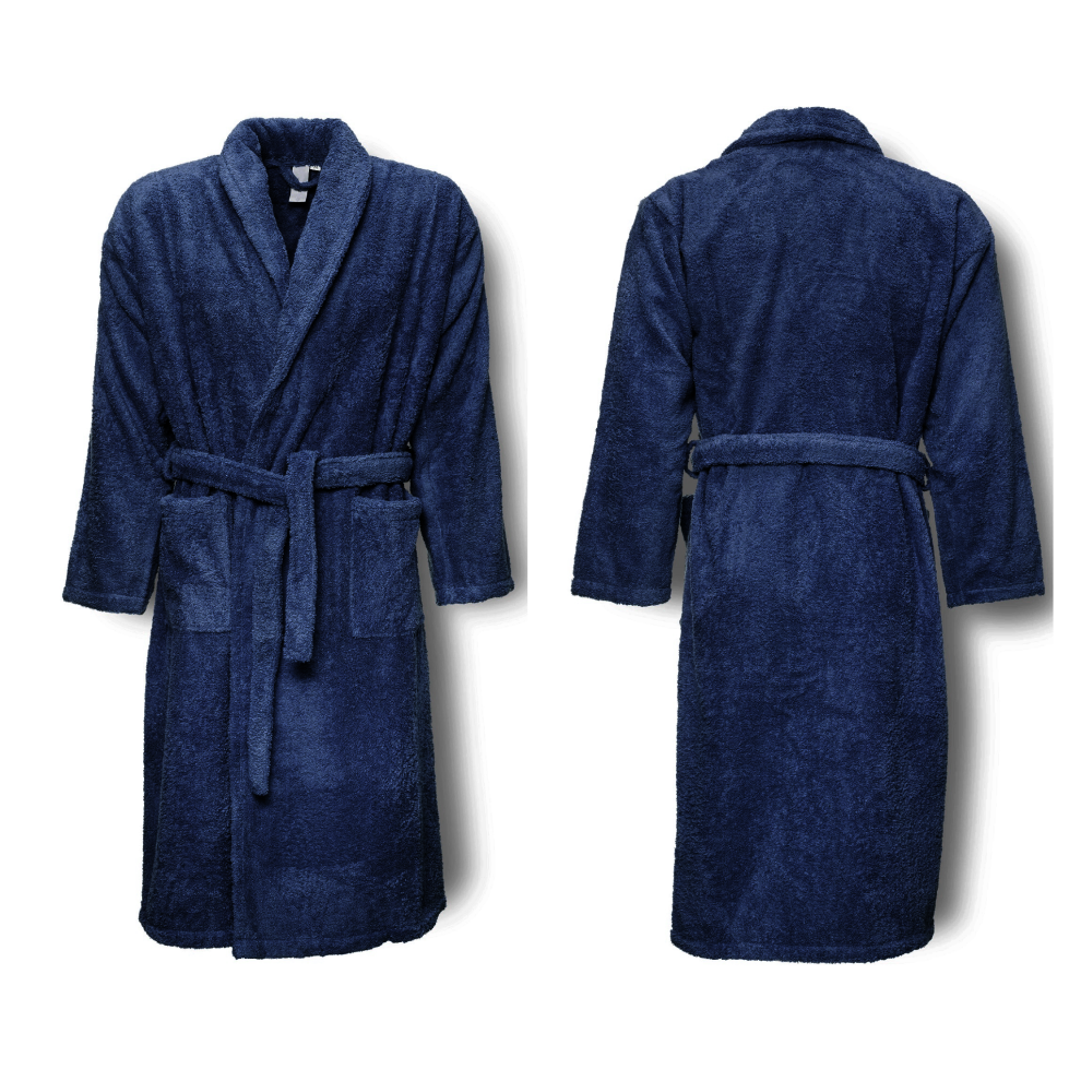 (Navy) Luxury 100% Egyptian Cotton Unisex Bathrobe Terry Toweling Gown Dressing Shawl