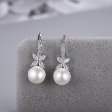 Pearl Dangle Earrings, 925 Sterling Silver Pearl Earrings Leverback Design, Cz Diamond Pearl Earrings for Women, Ladies 8mm-10mm, Gift for Women