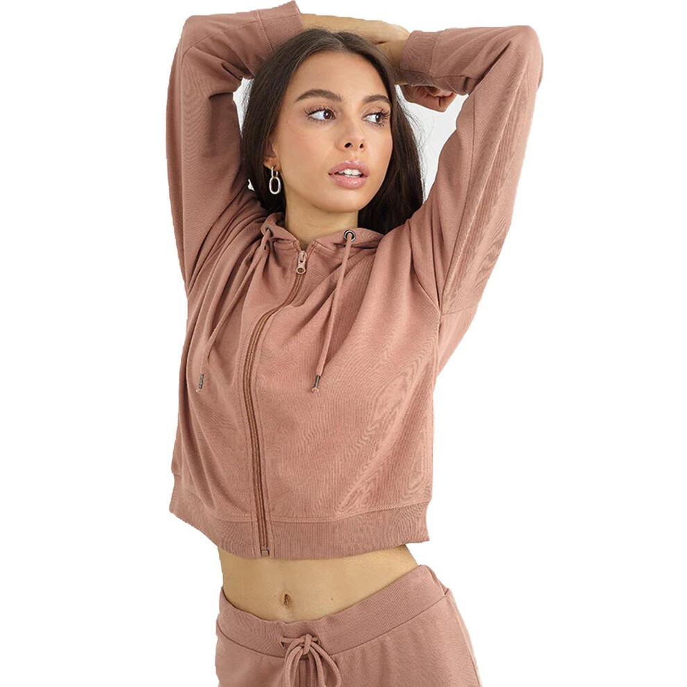 (Taupe, XS) Womens Zip Up Hoodie Plain Cropped Sweatshirt Tops