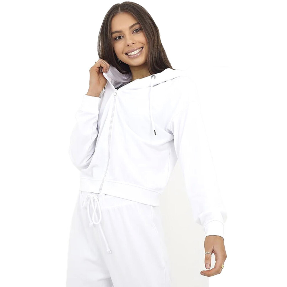 (White, M) Womens Zip Up Hoodie Plain Cropped Sweatshirt Tops