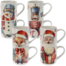 8 Pcs 265ml Tea Coffee Santa Mugs Gift Set Cocoa Stackable Cups Christmas Design