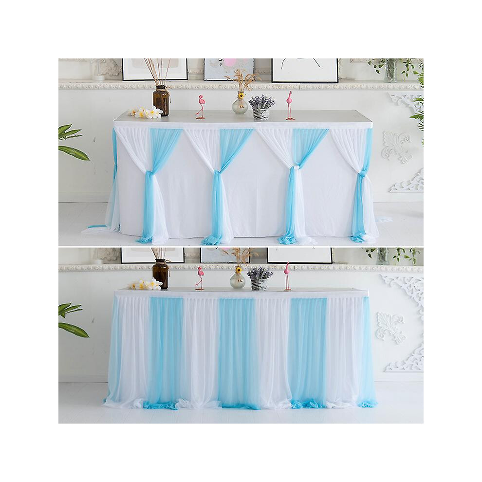 (6FT 1.85M X 0.77M, White-blue) Striped Net Yarn Table Skirt Wedding Tablecloth Home Banquet Decoration Dessert Tableware Cloth For Baby Birthday Party