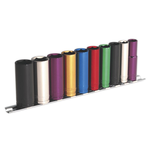 Sealey Sealey Deep Socket Set Premier Multi Coloured 3/8" Sq Drive 10pc AK285D