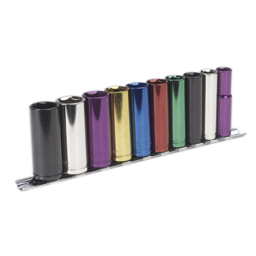 Sealey Sealey Deep Socket Set Premier Multi Coloured 3/8" Sq Drive 10pc AK285D 1