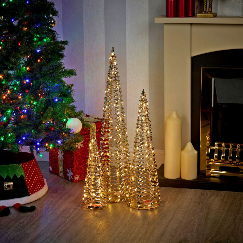 (Gold, 1 of Each) 40/60/80cm Christmas Tree Cone Pyramid LED Fairy Lights Tower Xmas Decoration