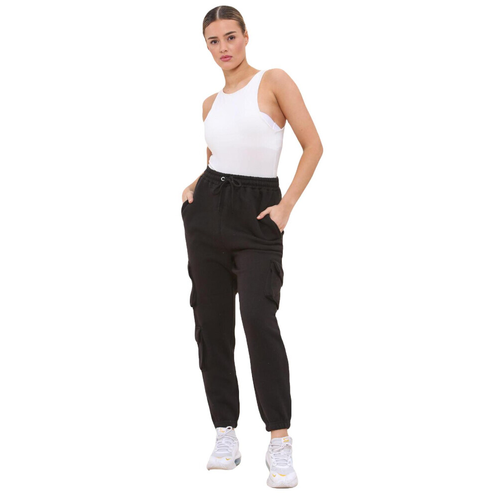 (Black, S) Women Fleece Cargo Combat Trouser Sports Sweatpant