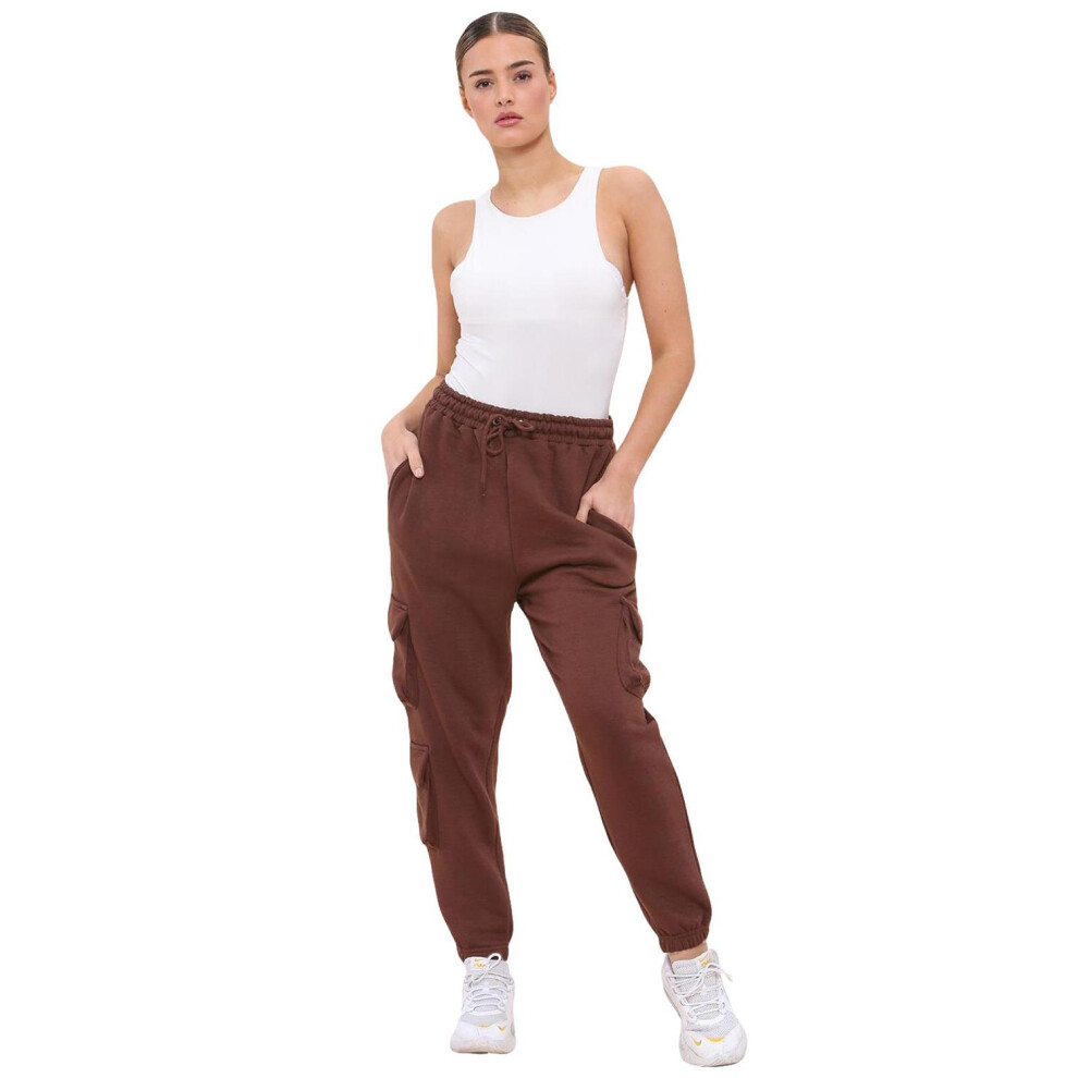 (Chocolate, XS) Women Fleece Cargo Combat Trouser Sports Sweatpant