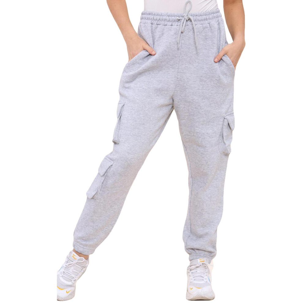 (Grey, S) Women Fleece Cargo Combat Trouser Sports Sweatpant