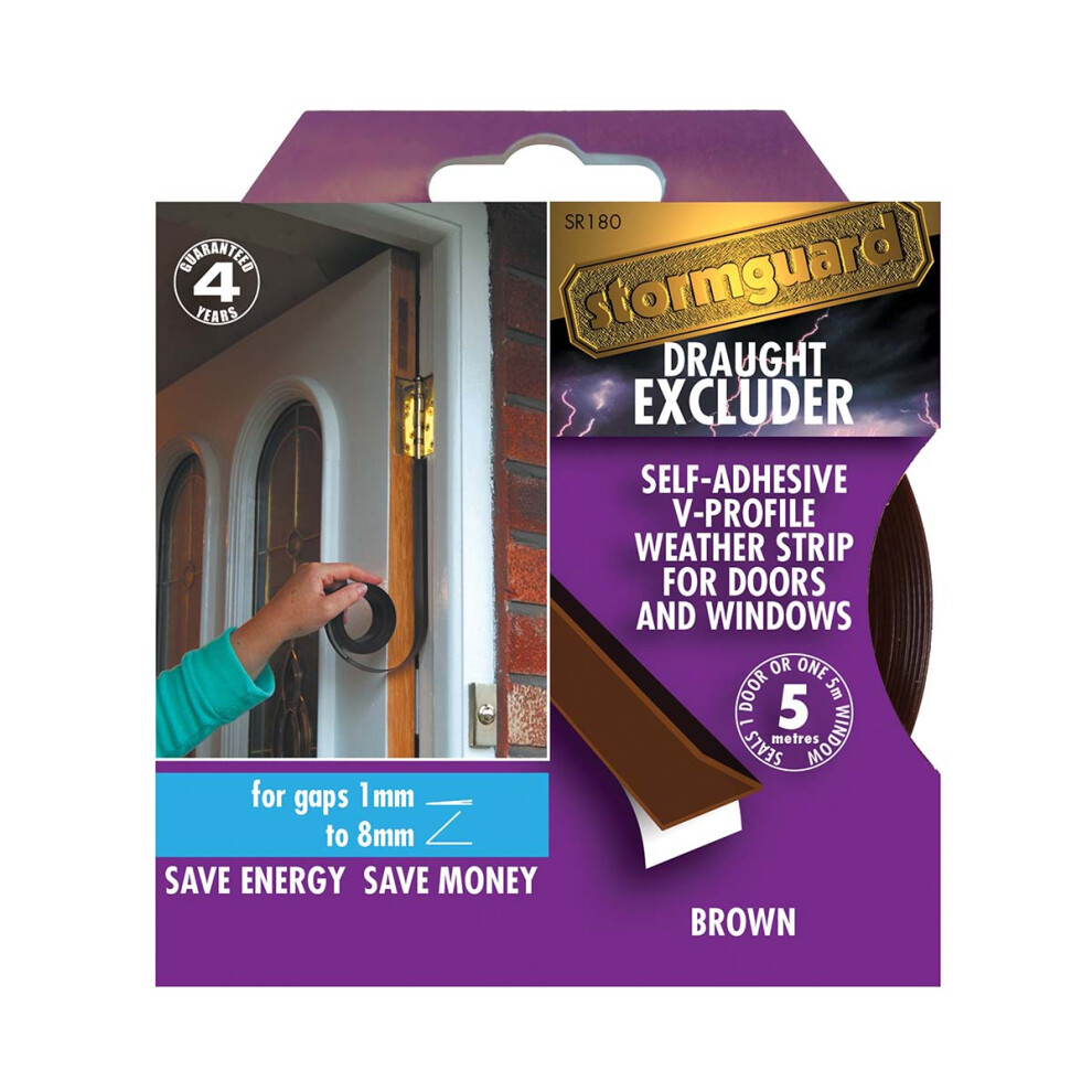 (Brown) V-Seal draught excluder window door seal self adhesive gap filler Stormguard-image-OPC-P86HDHW-NEW