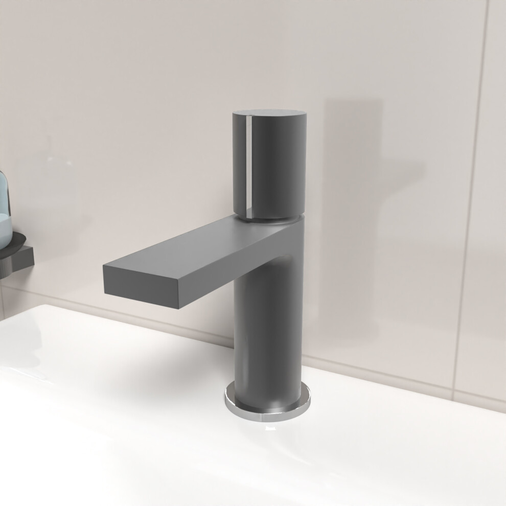 Arte Handleless Futuristic Matt Grey Basin Mixer Tap Deck Mounted Brass Core