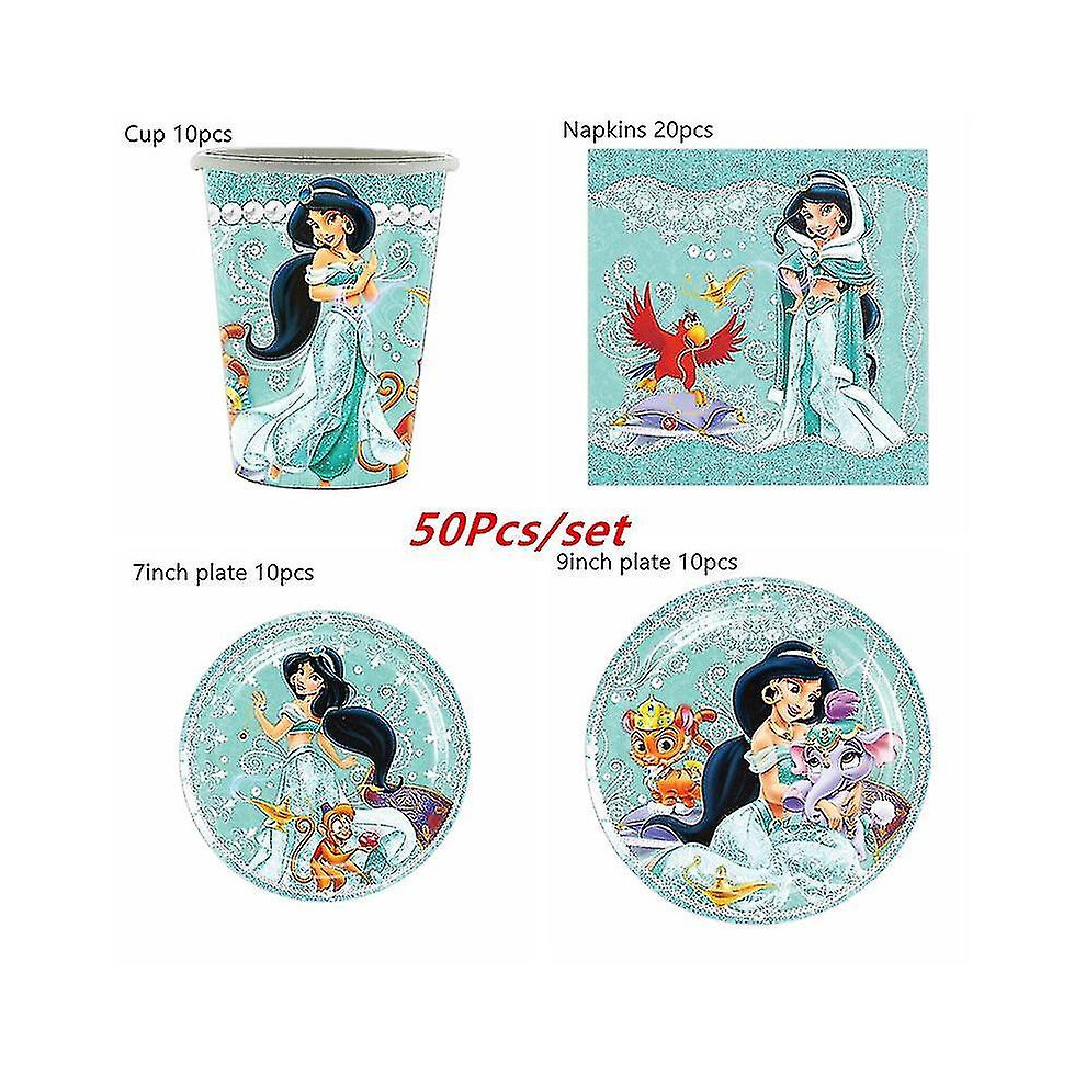 (Set 50pcs) Princess Jasmine Birthday Party Decor Disposable Tableware Cup Plate Tablecloth Balloon Banner Set Baby Shower Supplies