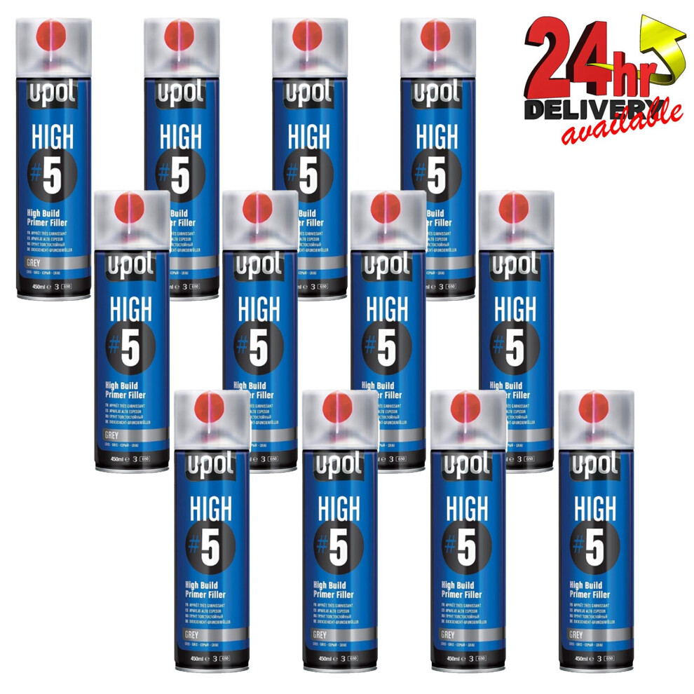 High5 Grey 12 X U-Pol 1K Ready For Use High Build Primer Paint 450Ml Upol