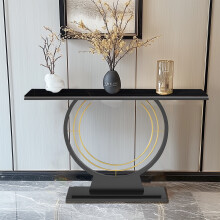 (Black/Black) Free Standing Narrow Slim Marble Effect Sintered Stone Metal Half Moon Base Console Sofa End Table Hallway Furniture