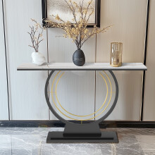 (White/Black) Free Standing Narrow Slim Marble Effect Sintered Stone Metal Half Moon Base Console Sofa End Table Hallway Furniture