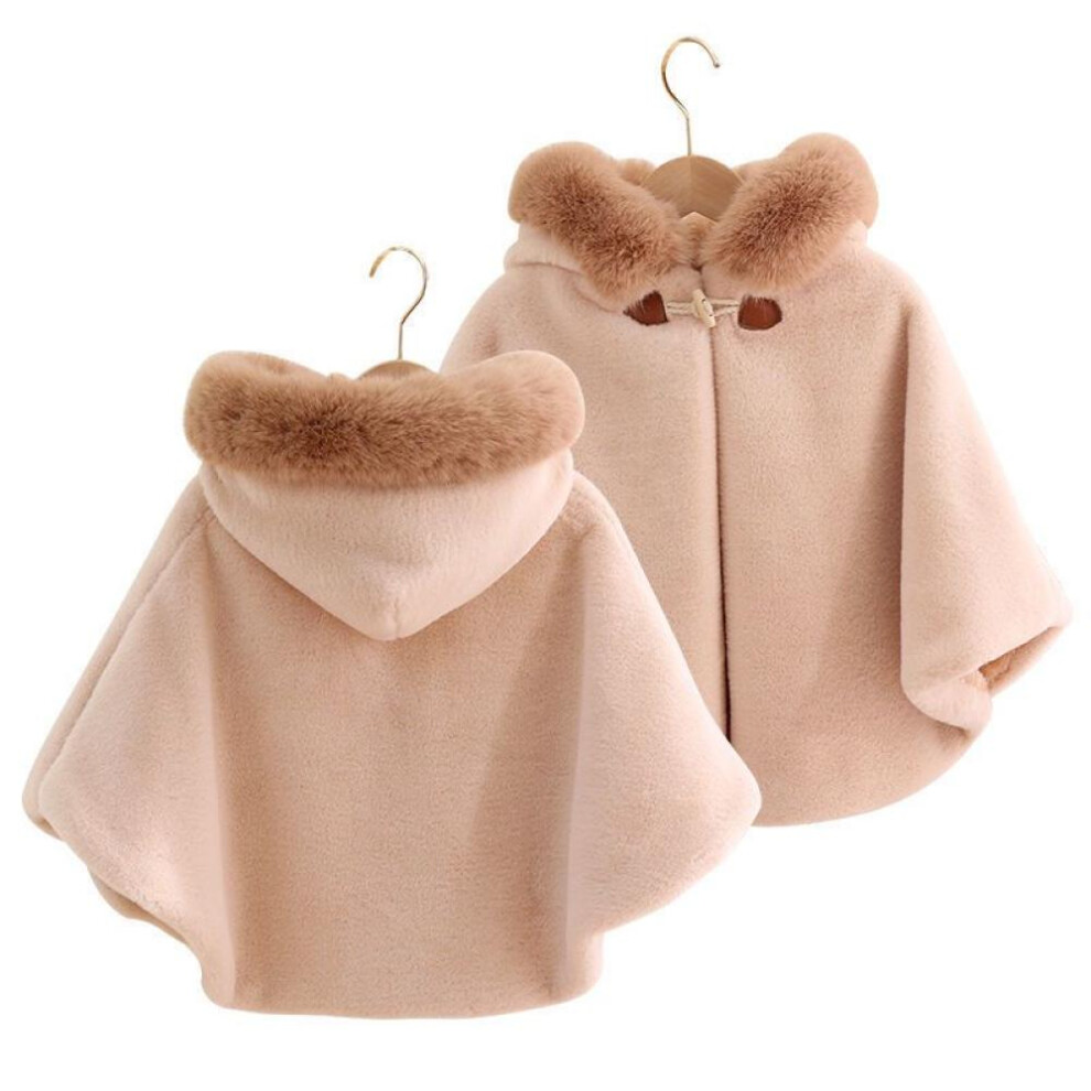 (khaki, 90) Baby Girl Cloak Faux Fur Winter Infant Toddler Child Princess Hooded Cape Fur Collar Baby Outwear Top Warm Clothes