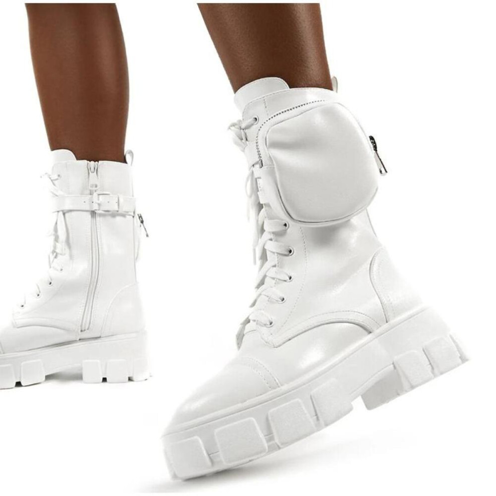 (white, 40) New Women&apos;s Boots Pocket Lace Up Ladies Ankle Boots Female Combat Army Boots Chunky Heel Short Zipper Boot Woman Platform Shoes