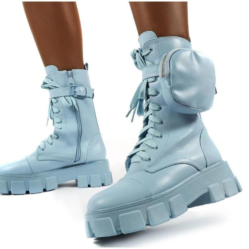 (blue, 38) New Women's Boots Pocket Lace Up Ladies Ankle Boots Female Combat Army Boots Chunky Heel Short Zipper Boot Woman Platform Shoes