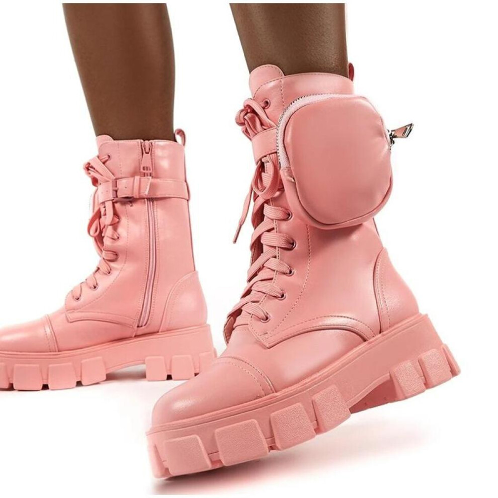 (pink, 40) New Women&apos;s Boots Pocket Lace Up Ladies Ankle Boots Female Combat Army Boots Chunky Heel Short Zipper Boot Woman Platform Shoes