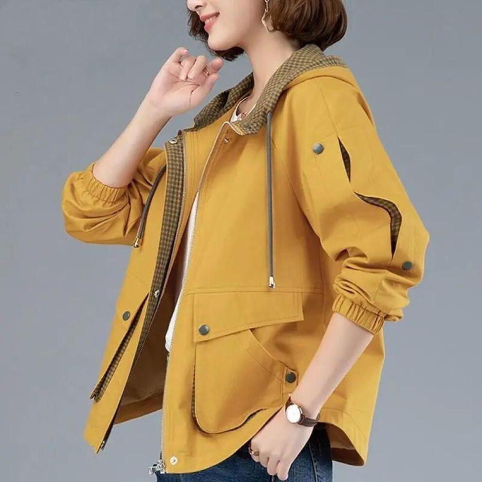 (yellow, L) Women Hooded Casual Plus Size Windbreaker Tops Spring Autumn Trench Coat  Loose Jackets Female
