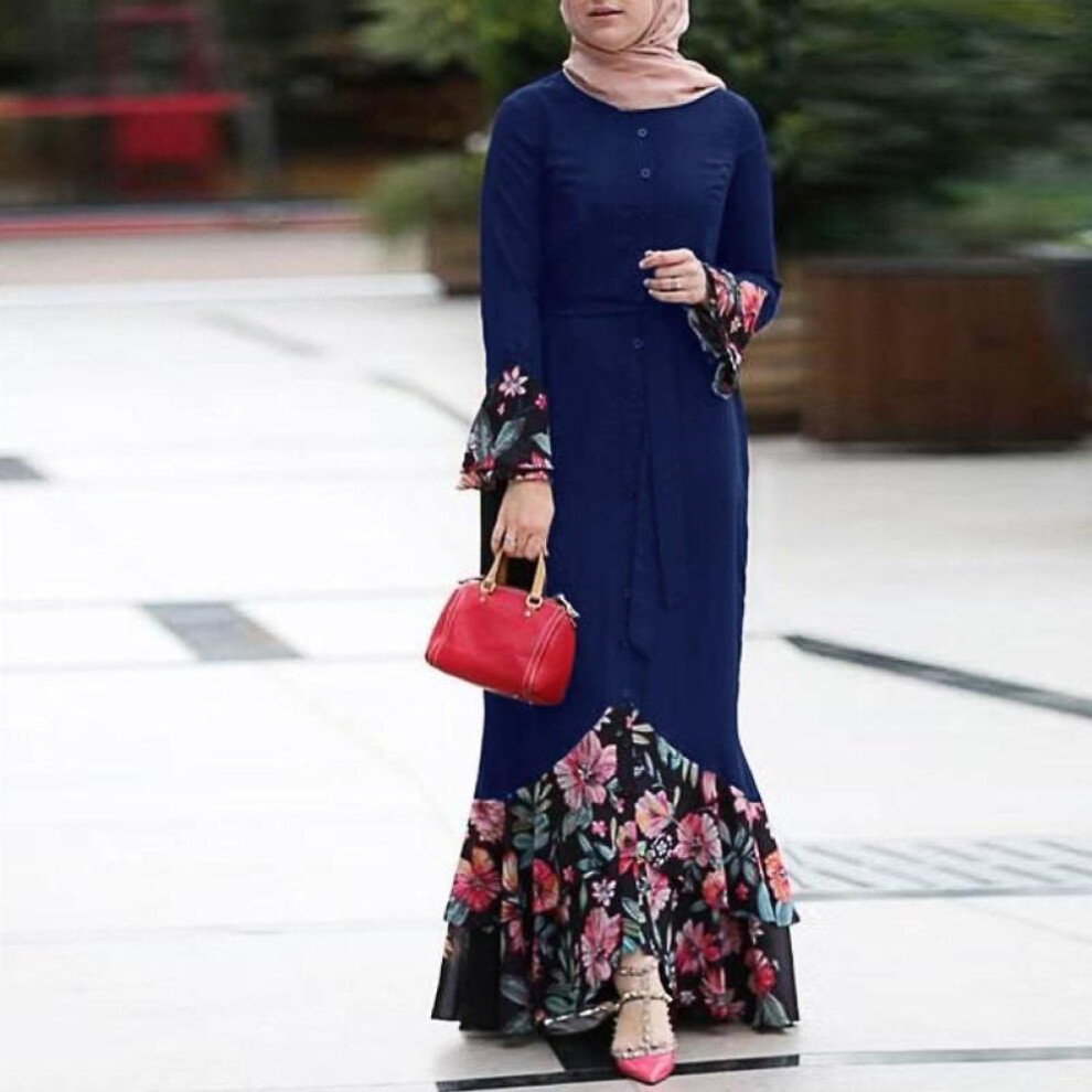 (blue, L) Women&apos;s Fashion Floral Patchwork Dubai Abaya Sleeve Floor Length Arab Muslim Islamic Dress S~5xl