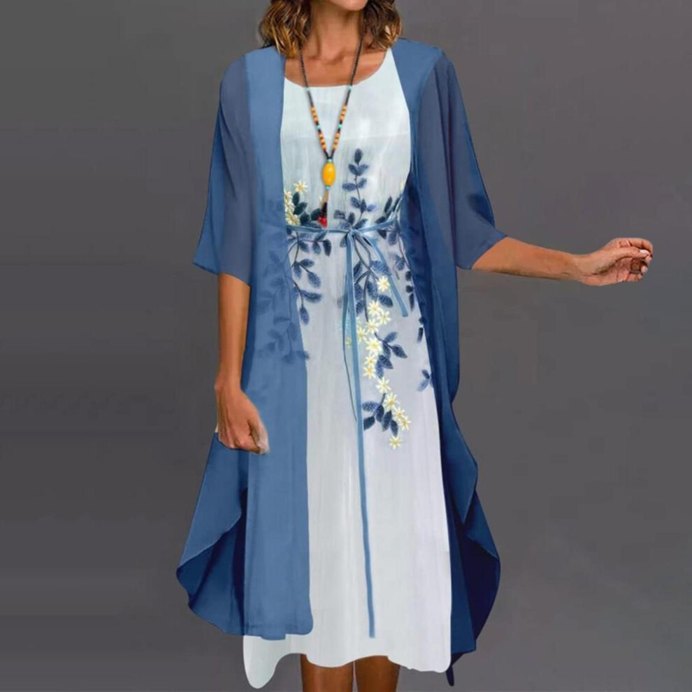 (blue, XXXXL) Women's Lace Print Cocktail Dress Festive Bridesmaid Wedding Midi Evening Dresses Sleeveless Vintage Tulle Cardigan
