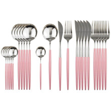 (pink,silver) 24Pcs Stainless Steel Dinnerware Set Kitchen Green Gold Cutlery Set Knife Fork Spoon Flatware Tableware Minimalist Silverware