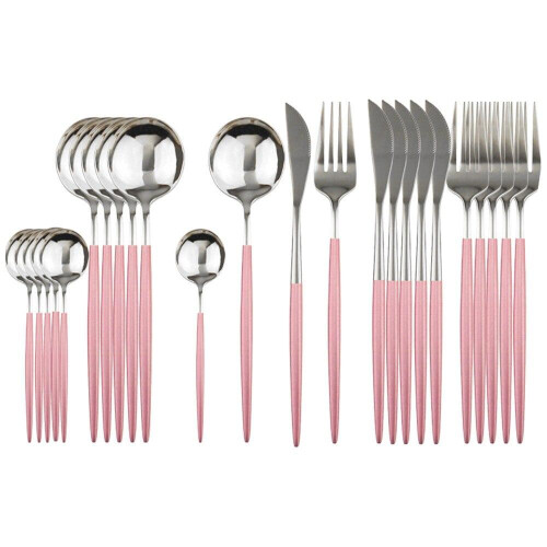 (pink,silver) 24Pcs Stainless Steel Dinnerware Set Kitchen Green Gold Cutlery Set Knife Fork Spoon Flatware Tableware Minimalist Silverware