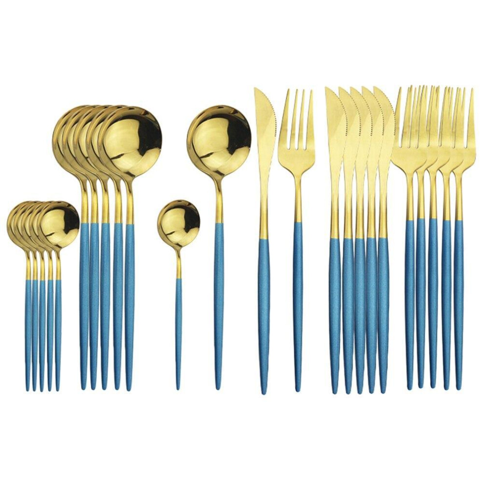 (blue,gold) 24pcs Stainless Steel Dinnerware Set Kitchen Green Gold Cutlery Set Knife Fork Spoon Flatware Tableware Minimalist Silverware