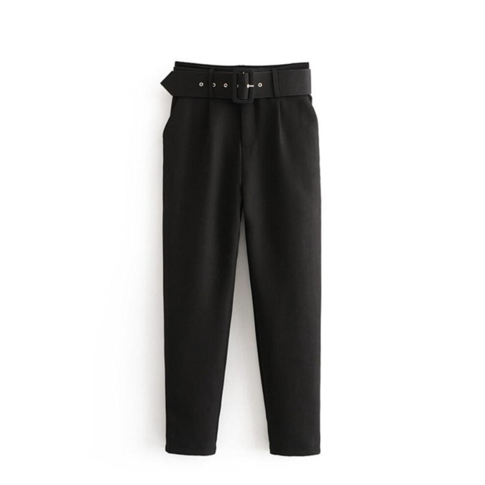 (black, M) Pants Suit Women High Waist Sashes Pockets Middle Aged Long Pant