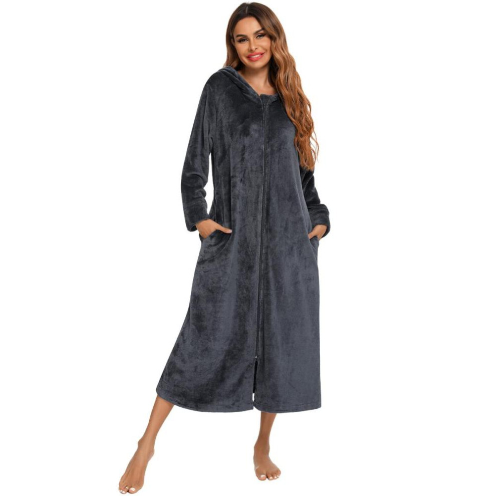 (grey, XXL) Women's Zip Up Plush Fleece Robe Hooded Warm Long Bathrobe Dressing Gown Winter Cozy Zipper Lounger Sleepwear Housecoat Loungewear Ni