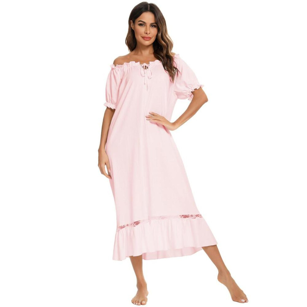 (pink, L) Pajamas For Women Short Sleeve Night Sleep Dress Comfy Loose Casual Lounge Wear Spring Summer Autumn Nightgowns