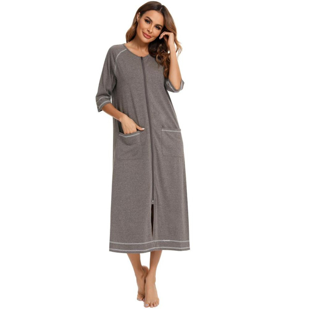 (grey, S) Bright Deer Women Zipper Maternity Robe 3/4 Sleeve Long Hospital Birthing Labor And Delivery Gown Nursing Nightgowns House Bathrobe Lounger Sleepwear