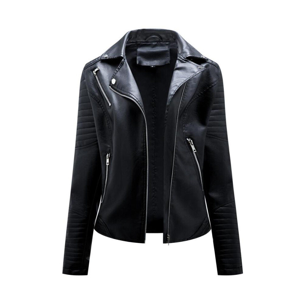 (black, 2XL) Faux Leather Jacket For Women Turn Down Collar Diagonal Zip Pu Moto Biker Coat Casual Short Outerwear For Autumn Spring