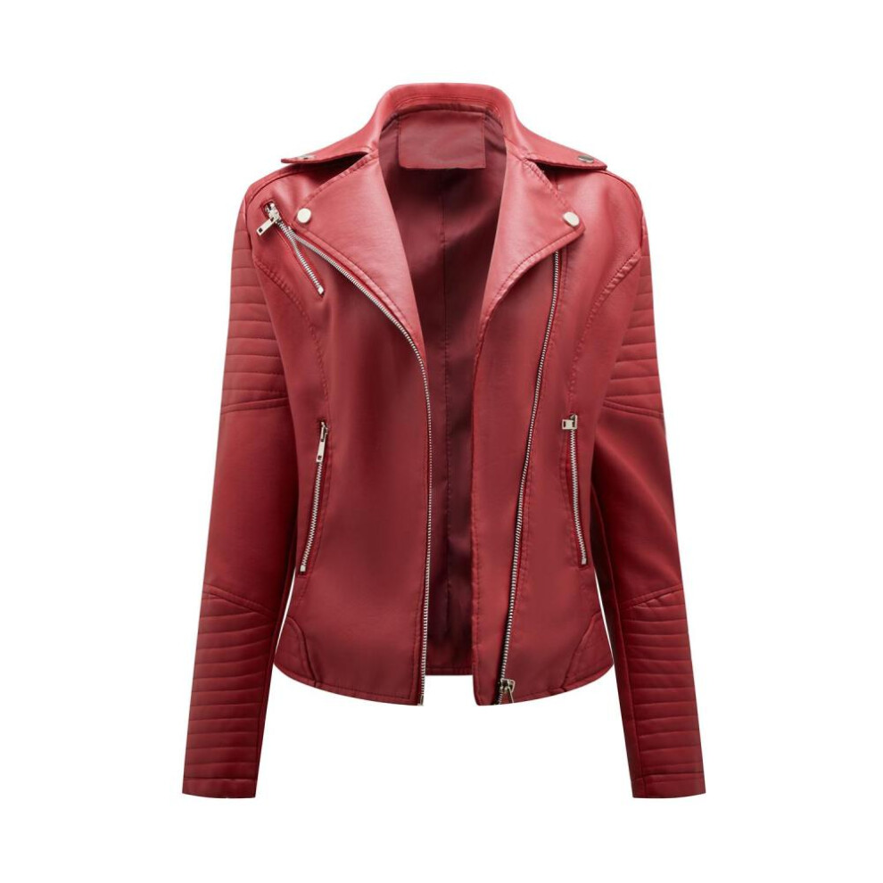 (burgundy, L) Faux Leather Jacket for Women Turn down Collar Diagonal Zip PU Moto Biker Coat Casual Short Outerwear for Autumn Spring