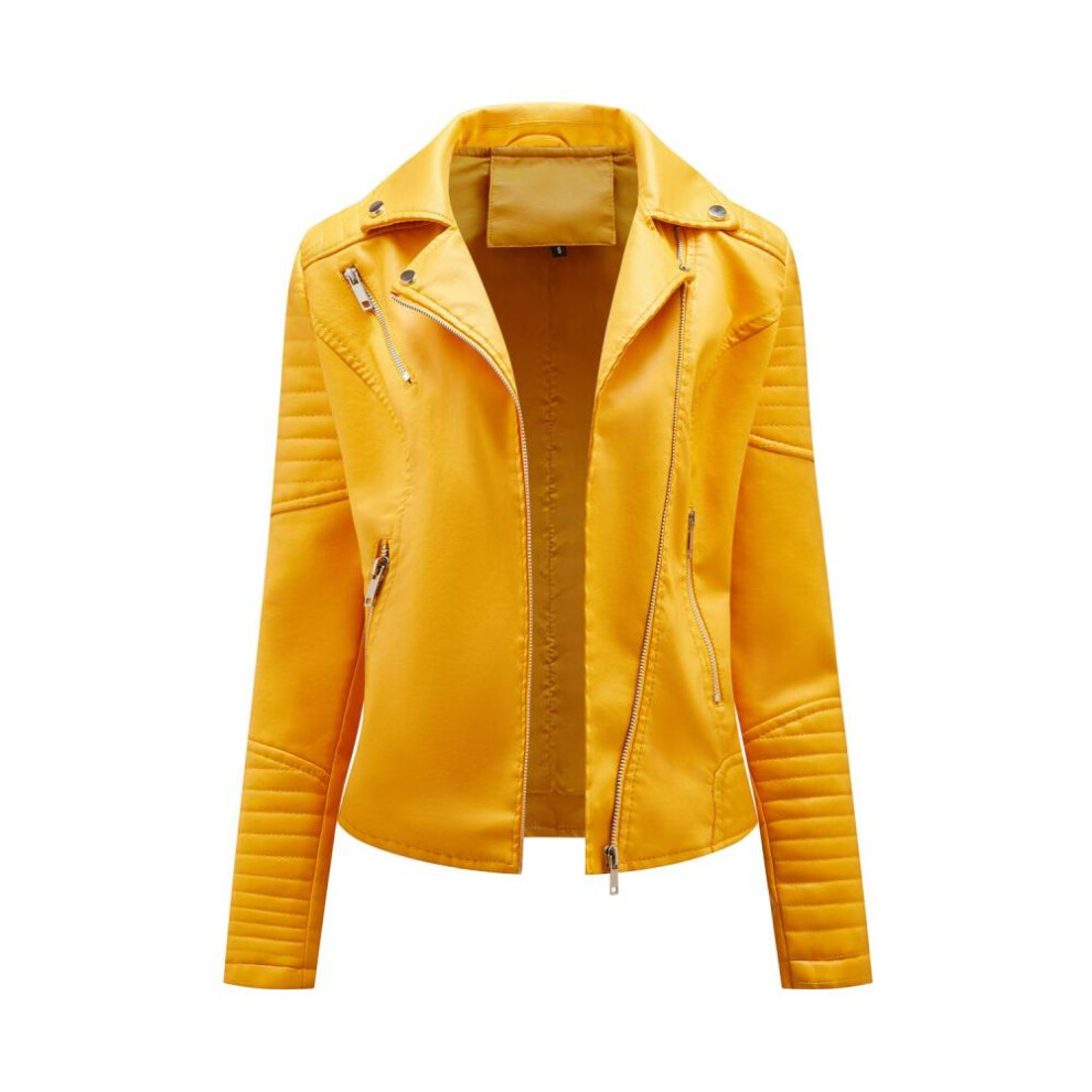 (yellow, XL) Faux Leather Jacket For Women Turn Down Collar Diagonal Zip Pu Moto Biker Coat Casual Short Outerwear For Autumn Spring