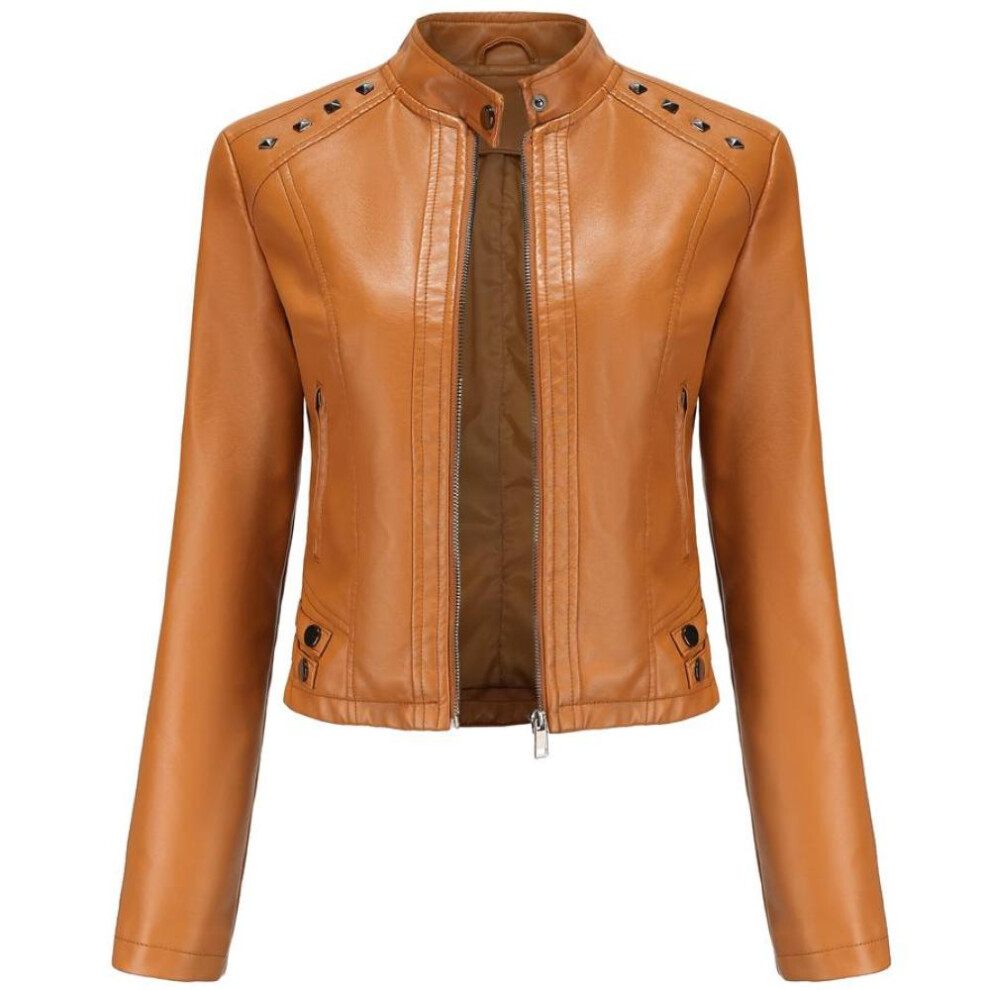 (camel, 2XL) Women Faux Leather Jacket Cropped Zip Up Motorcycle Short Pu Moto Biker Outwear Fitted Slim Coat With Pockets Stylish Rivets Punk Rock Fashion Blazer