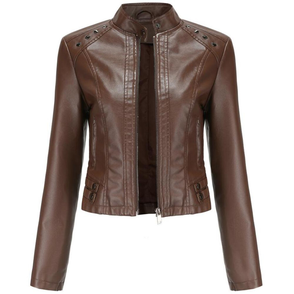 (brown, 3XL) Women Faux Leather Jacket Cropped Zip Up Motorcycle Short Pu Moto Biker Outwear Fitted Slim Coat With Pockets Stylish Rivets Punk Rock Fashion Blazer